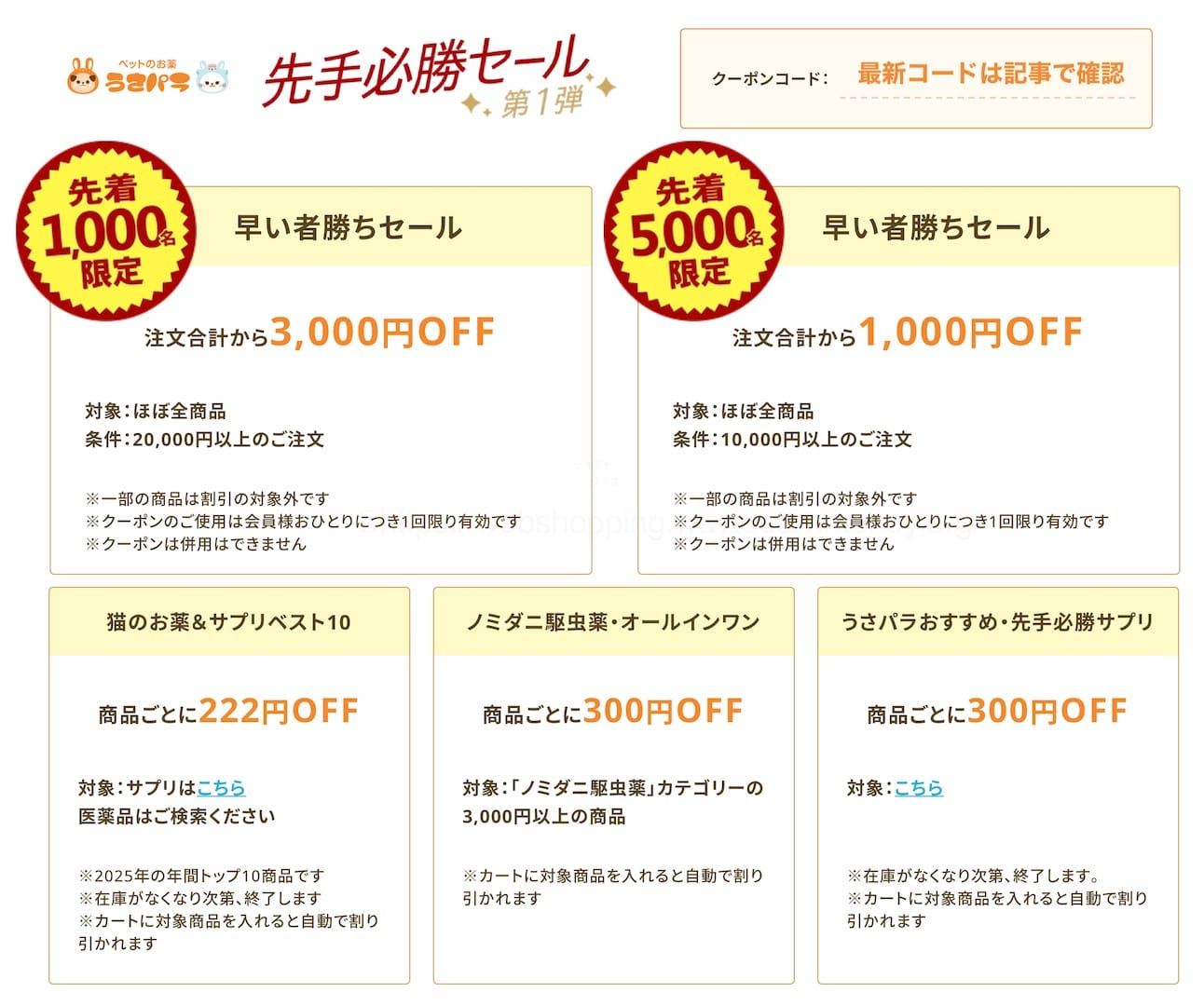 うさパラ先手必勝セールの詳しいクーポン内容とキャンペーン内容の画像解説